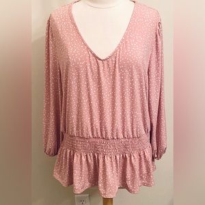 Ophelia Roe Pink White Polka Dot Long Sleeve Smocked Waist Casual Top Size 2X